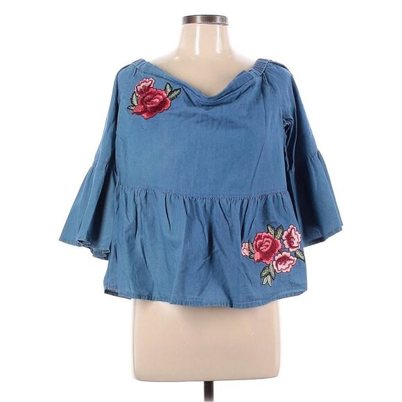 A.N.A Denim Off Shoulder Blouse with Floral Embroidery – Size Large – 3/4 sleeve - Picture 3 of 6